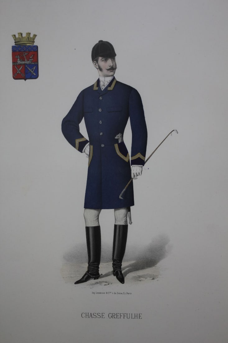 Lemercier Paris Greffulhe Hunting Lithograph: Antique Lemercier & Cie, Paris, "Chasse Greffulhe" hand colored lithograph plate from a "Chasse" (Hunting) album depicting a gentleman in blue hunting attire; the Greffulhe family hosted ultra-exclusi