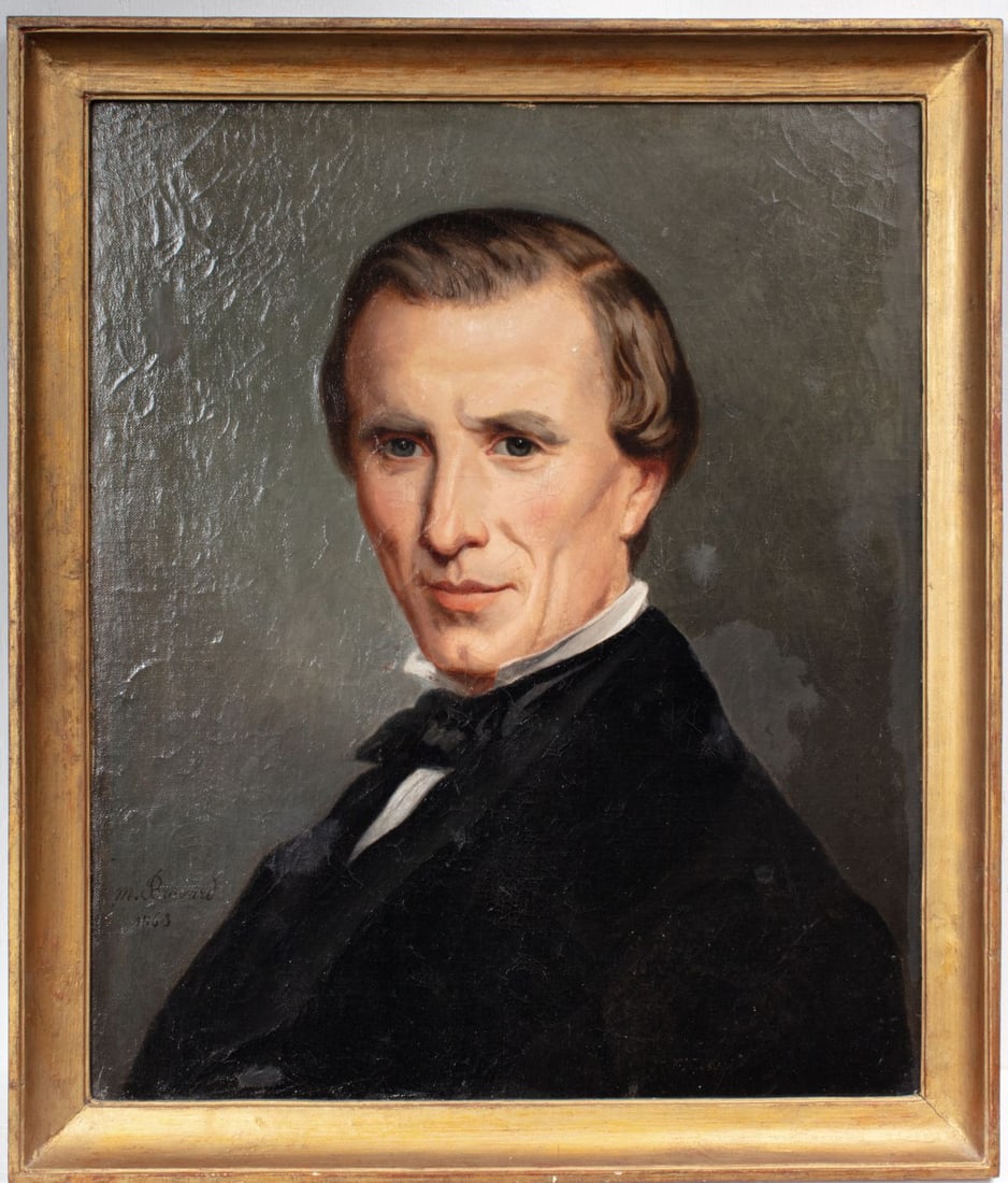 Antique Portrait of a Gentleman Oil on Canvas: Antique Portrait of a Gentleman Oil on Canvas, 1863. Signed and dated lower left side; appears to read "M Bravari or Bravard". Canvas is laid to plywood; some noted repairs and overpainting with a few