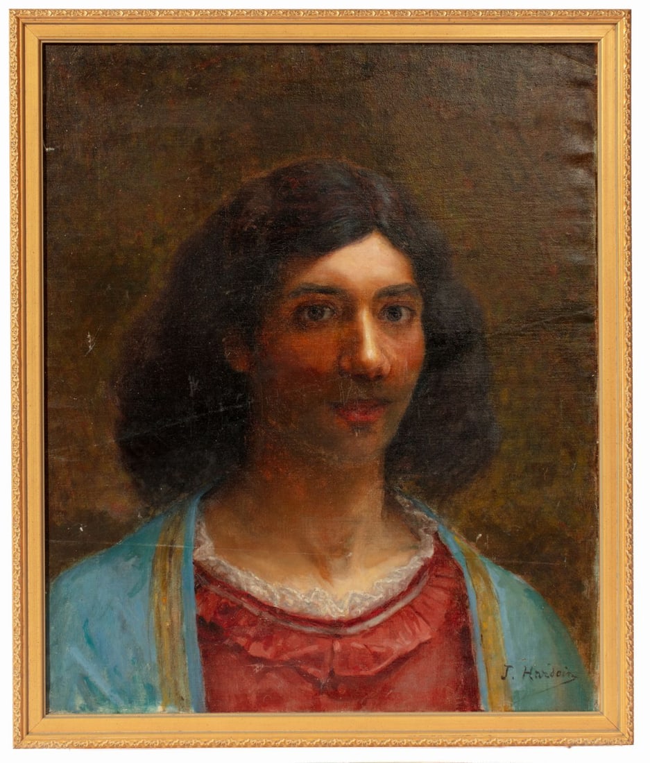 Antique Portrait of a Young Man signed J. Hardoin: Antique Portrait of a Young Man signed J. Hardoin. Oil on canvas. Signed lower right. Canvas measures 22x18"; framed in simple gilt molding with overall size 23.5x20". Some creases and small scuffs an