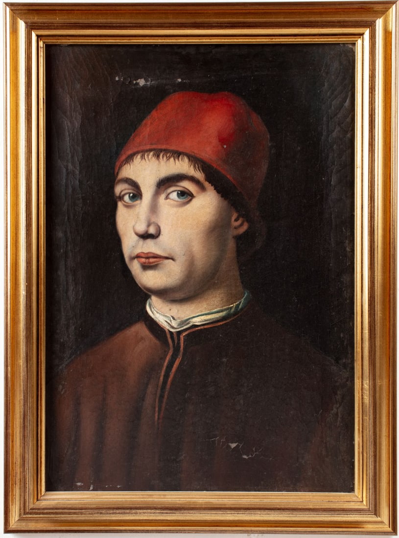 Antique After Antonello da Messina "Portrait": Antique After Antonello da Messina "Portrait of a Man" Oil on Canvas. An antique copy of the famous 15th century Italian portrait. Unsigned. Canvas measures 25.5x18"; gilt contemporary frame with over