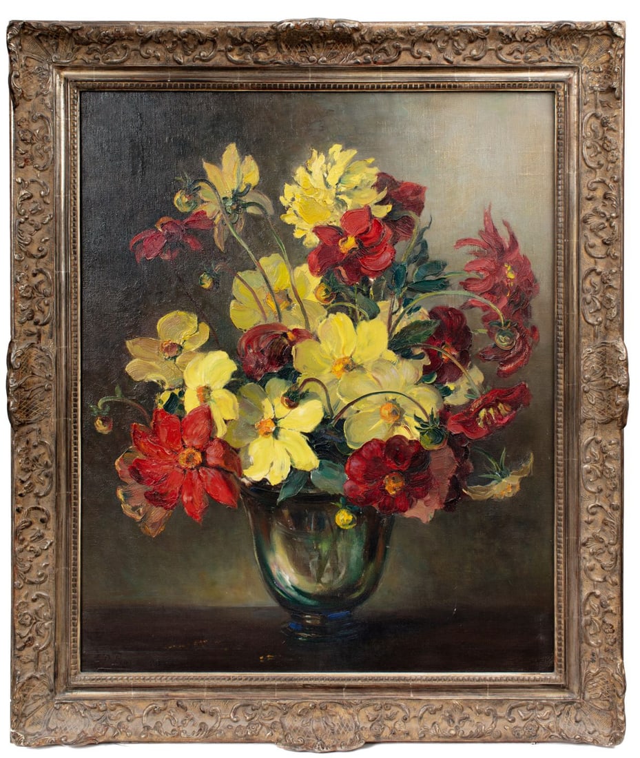 Bouquet of Flowers Oil on Canvas signed Barrida: Bouquet of Flowers Oil on Canvas signed E.D. Barrida. Signed lower left; artist unknown. Bouquet of red and yellow peonies and dahlias in glass vase; heavy impasto style painting. Canvas measures 27x2