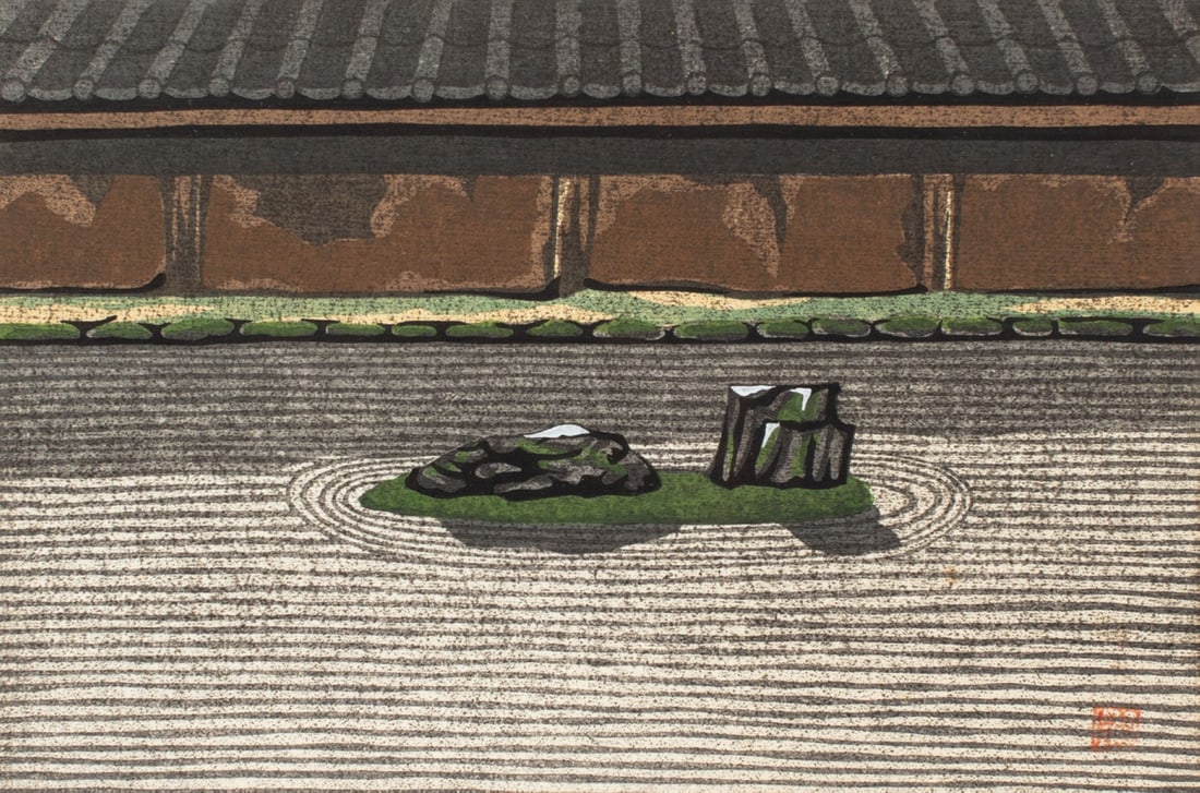 Masao Ido "Kyoto Rock Garden" Woodblock: Masao Ido (1945-2016 Japan) "Kyoto Rock Garden" Woodblock Print. Edition 78/100. Pencil signed, editioned, and titled along lower margin. Image measures 10x15", framed with overall size 21.5x26". Some