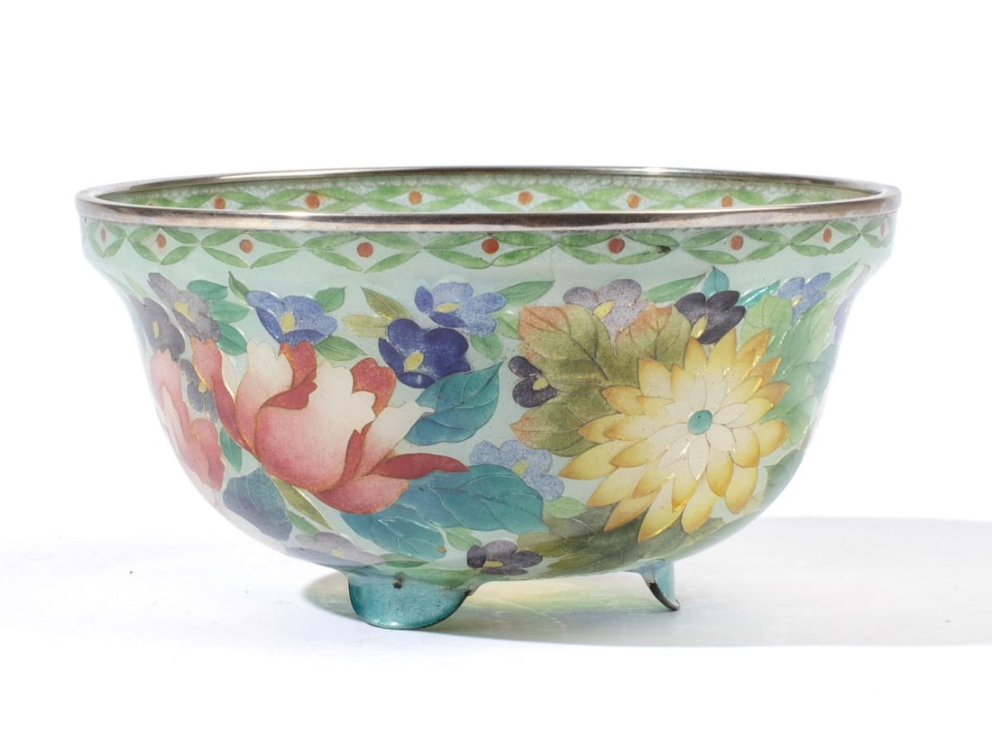Japanese Plique A Jour Transparent Cloisonne Bowl: Early 20th century Japanese Plique A Jour silver wire transparent cloisonne bowl in floral design on 3 raised feet. A similar bowl is in the collection of the Phoenix Art Museum. Excellent condition. 