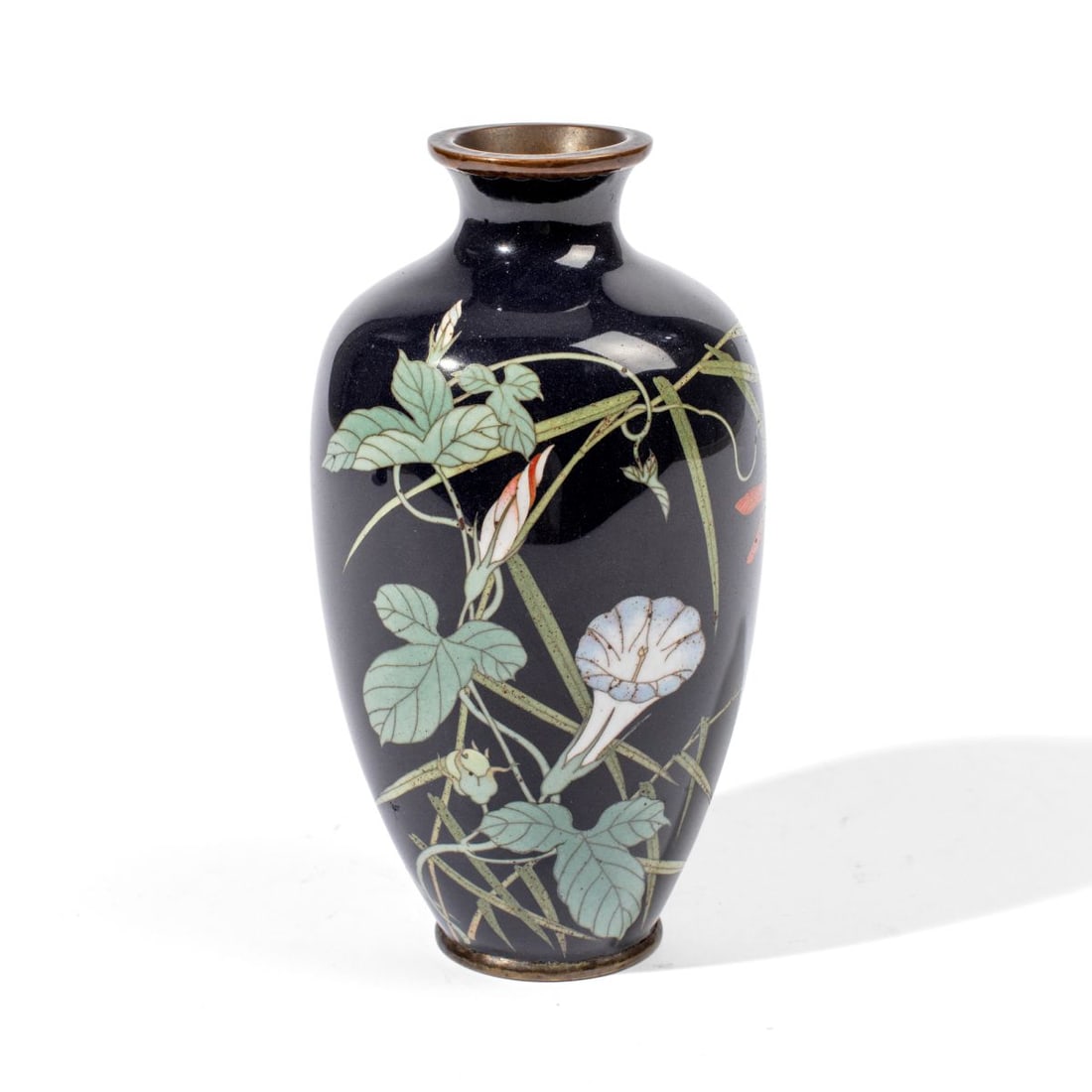 Japanese Silver Wire Cloisonne Vase: Early 20th century Japanese silver wire cloisonne vase with morning glory and dragonfly motif on a dark midnight blue ground. Excellent condition. 6" H approx.