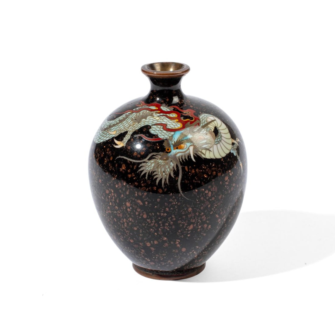 Japanese Silver Wire Dragon Cloisonne Vase: Early 20th century Japanese silver wire cloisonne vase with light blue dragon on a gloldstone flecked black ground. Excellent condition. 5" H approx.