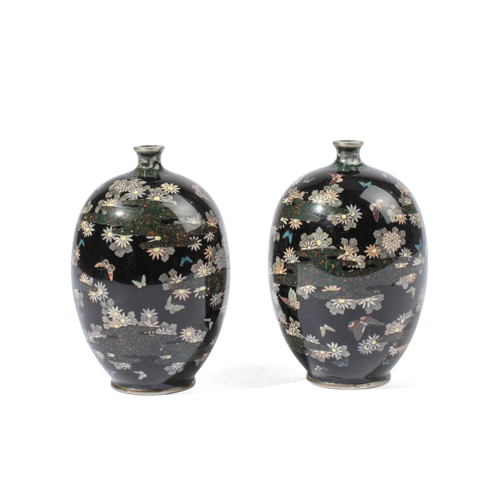 Pair Japanese Silver Wire Cloisonne Vases: Pair early 20th century Japanese silver wire cloisonne vases. Flower and butterfly motif with dark green goldstone flecked clouds on black grounds. Excellent condition. 5" heights approx.
