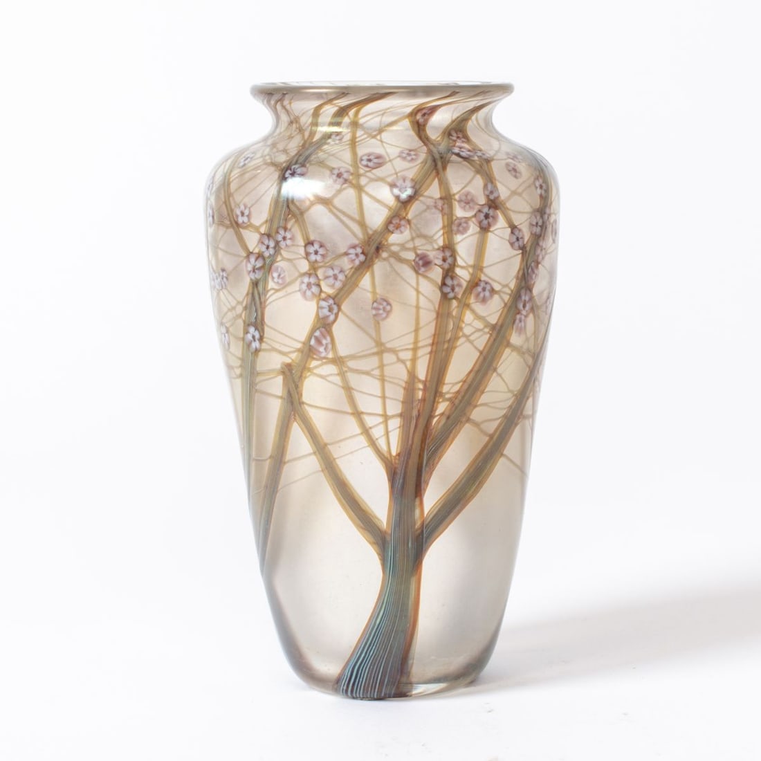 Orient & Flume Nouveau Style Hawthorne Vase: Art Nouveau style iridescent hand blown "Hawthorne Forest" glass vase by Orient & Flume. Etched marks to bottom along with original label. Excellent condition. 7" approx.