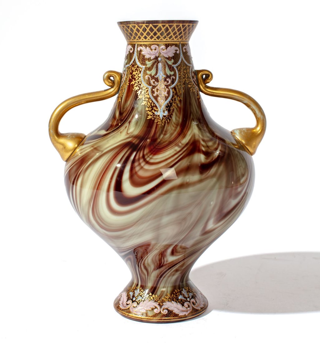 Loetz Enameled Marmorierte Glass Vase 11": Art Nouveau Loetz "Marmorierte" marbleized glass vase with enameled / gold gilt decorations to neck and foot. Some expected gilt wear to handles; otherwise excellent condition. 11".