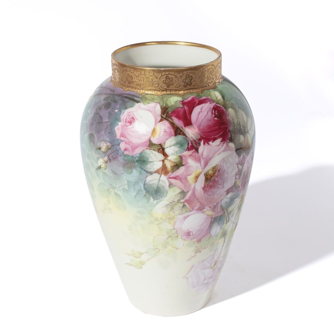 Large Limoges France Artist Signed Vase 13.5": Antique Bernardaud & Co. (Limoges, France active 1900-1914) porcelain vase hand painted with all-over rose theme. Signed "D. ProPeck". Molded floral design and gilded rim. Green B&Co. FRANCE mark to
