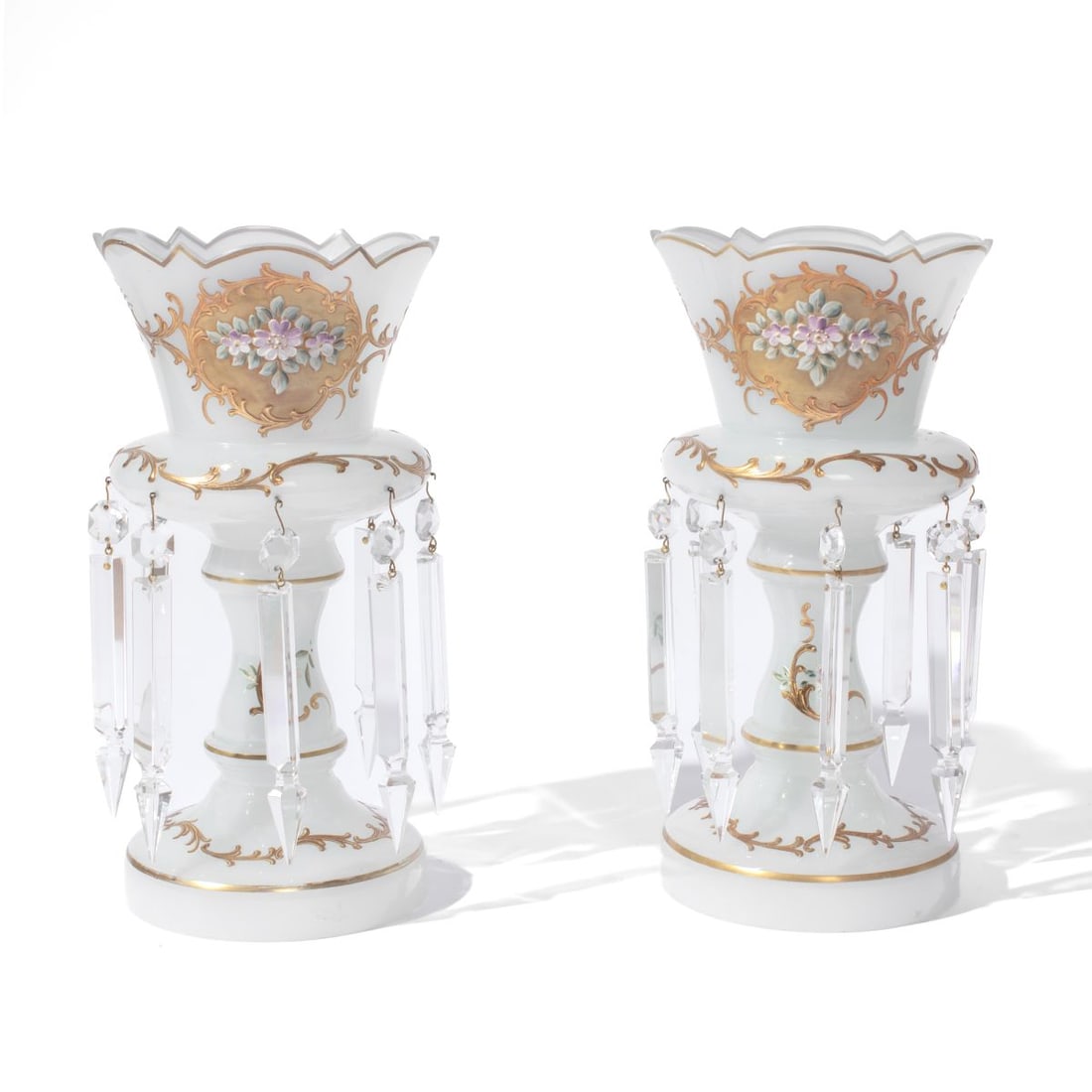 Pair White Opaline Glass Lusters: Small flake chip to outside lip of one; otherwise excellent condition. 12" H.