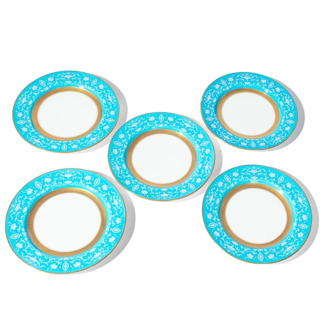 Minton Pate-Sur-Pate Plates for Tiffany & Co: Set 5. All excellent condition. 10.25" dia. Previously sold at Christie's New York, "19th Century Furniture, Sculpture, Works of Art" sale April 23 2004. https://www.christies.com/en/lot/lot-4269778