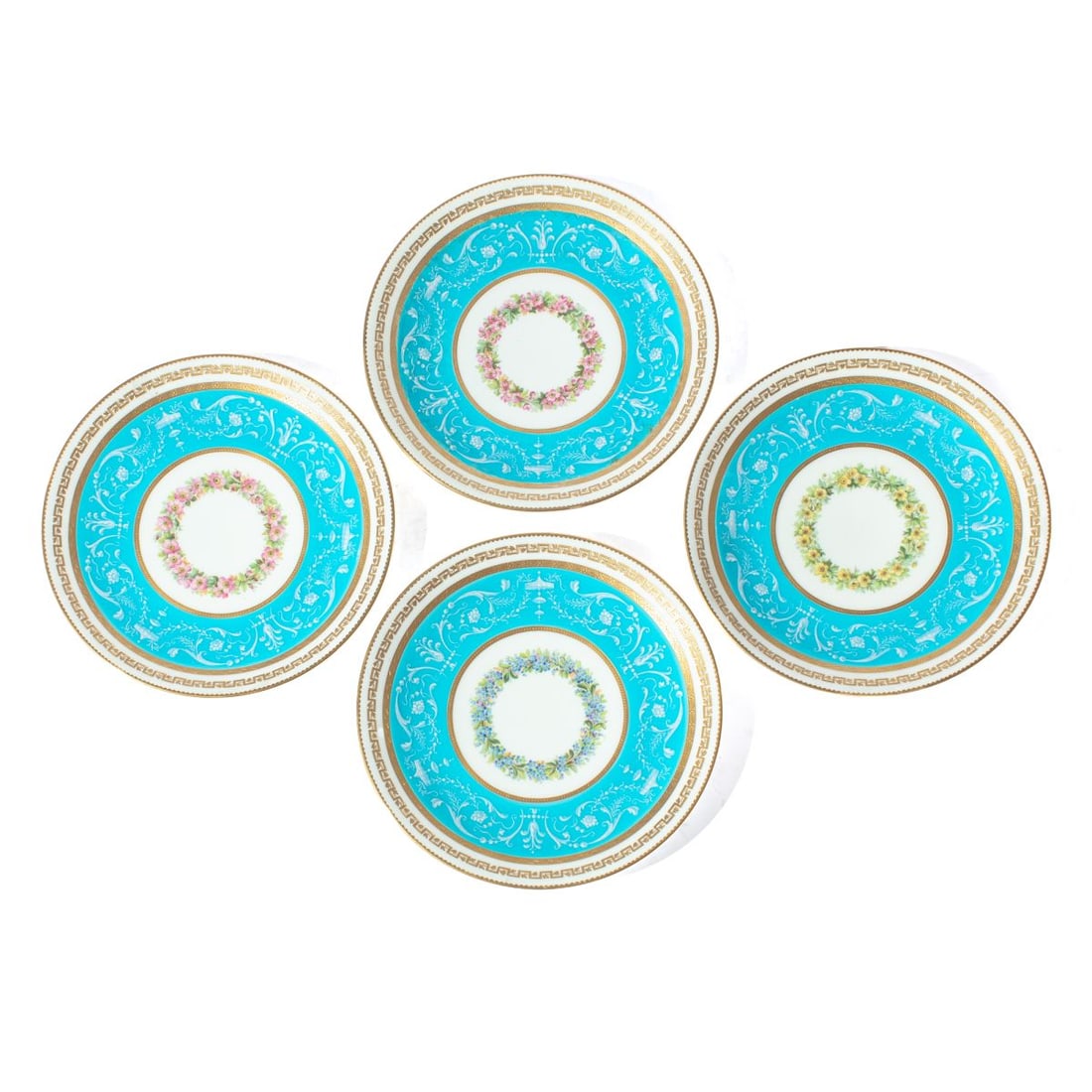 Minton Pate-Sur-Pate Plates for Tiffany & Co: Set 4. All excellent condition. 9.5" dia. Previously sold at Christie's New York, "19th Century Furniture, Sculpture, Works of Art" sale April 23 2004. https://www.christies.com/en/lot/lot-4269778