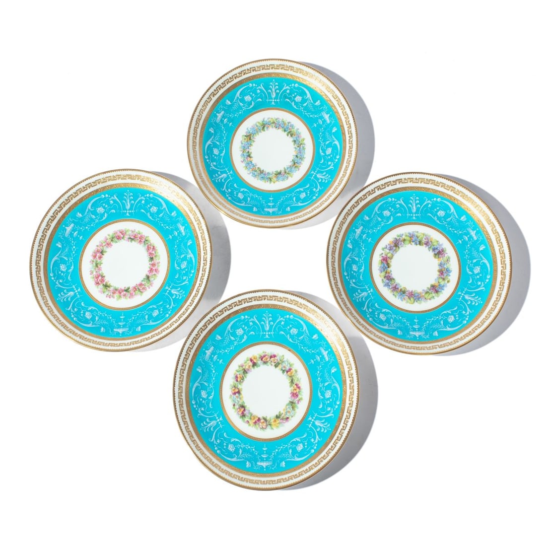 Minton Pate-Sur-Pate Plates for Tiffany & Co: Set 4. All excellent condition. 9.5" dia. Previously sold at Christie's New York, "19th Century Furniture, Sculpture, Works of Art" sale April 23 2004. https://www.christies.com/en/lot/lot-4269778