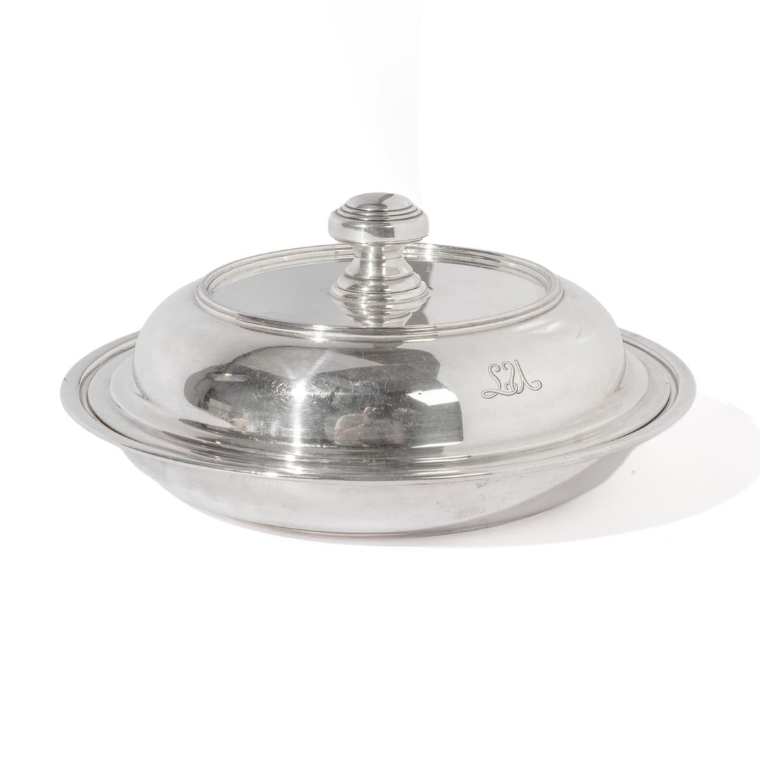 Tiffany & Co. Sterling Silver Covered Dish: Vintage Tiffany & Co. sterling silver covered bowl. Removable handle to allow lid to be used as a bowl (Deco style engraved initials to side). Marked: TIFFANY & Co MAKERS STERLING SILVER 925-1000