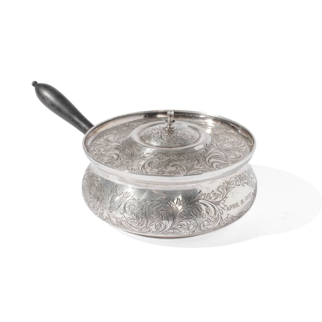 S Kirk & Son Sterling Silver Handled Covered Pot: S Kirk & Son sterling silver covered sauce pot with all-over hand engraved floral / trailing vine design. Turned mahogany handle. Engraved to the side"APRIL 11, 1932" to the side and "ANDREW
