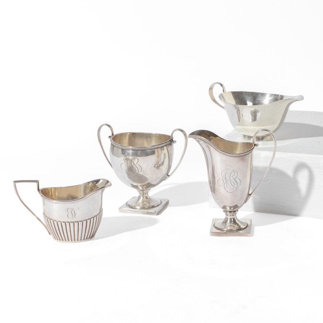 Gorham Sterling Silver / Bailey Banks & Biddle: (1) Federal style Gorham creamer & sugar set with engraved initial monograms. Marked: BAILEY BANKS & BIDDLE CO, Gorham hallmarks, STERLING, A4445. Creamer 4 5/8" at handle. (2) Georgian style Gorham