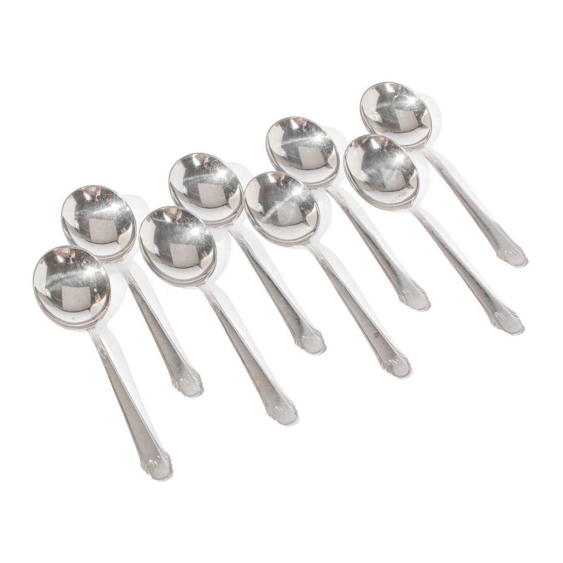 Gorham Stering Hunt Club Soup Spoons: Set 8 Gorham "Hunt Club" pattern sterling silver round bowl cream soup spoons with script "W" monograms. Marked GORHAM STERLING PAT. 1930. Normal signs of use. 305 total grams approx. 6.25".