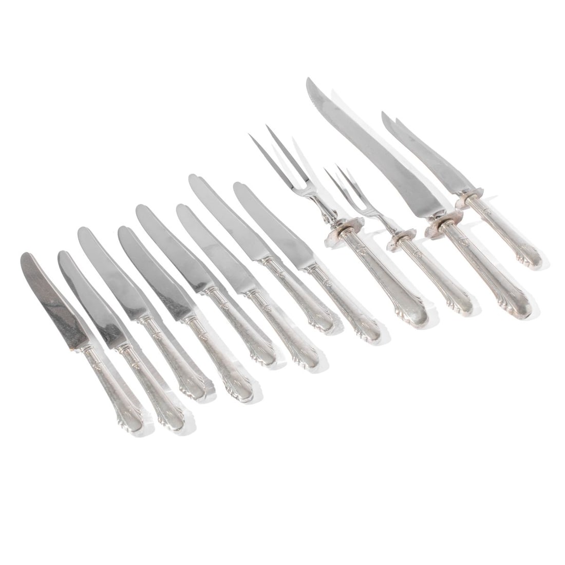 Gorham Silver Hunt Club Knives / Carving Sets: Gorham "Hunt Club" pattern silver dinner knives and carving sets with script "W" monograms. All with a fair amount of use. (1) Set 8 dinner knives. Blades marked GORHAM STAINLESS; no apparent marks to