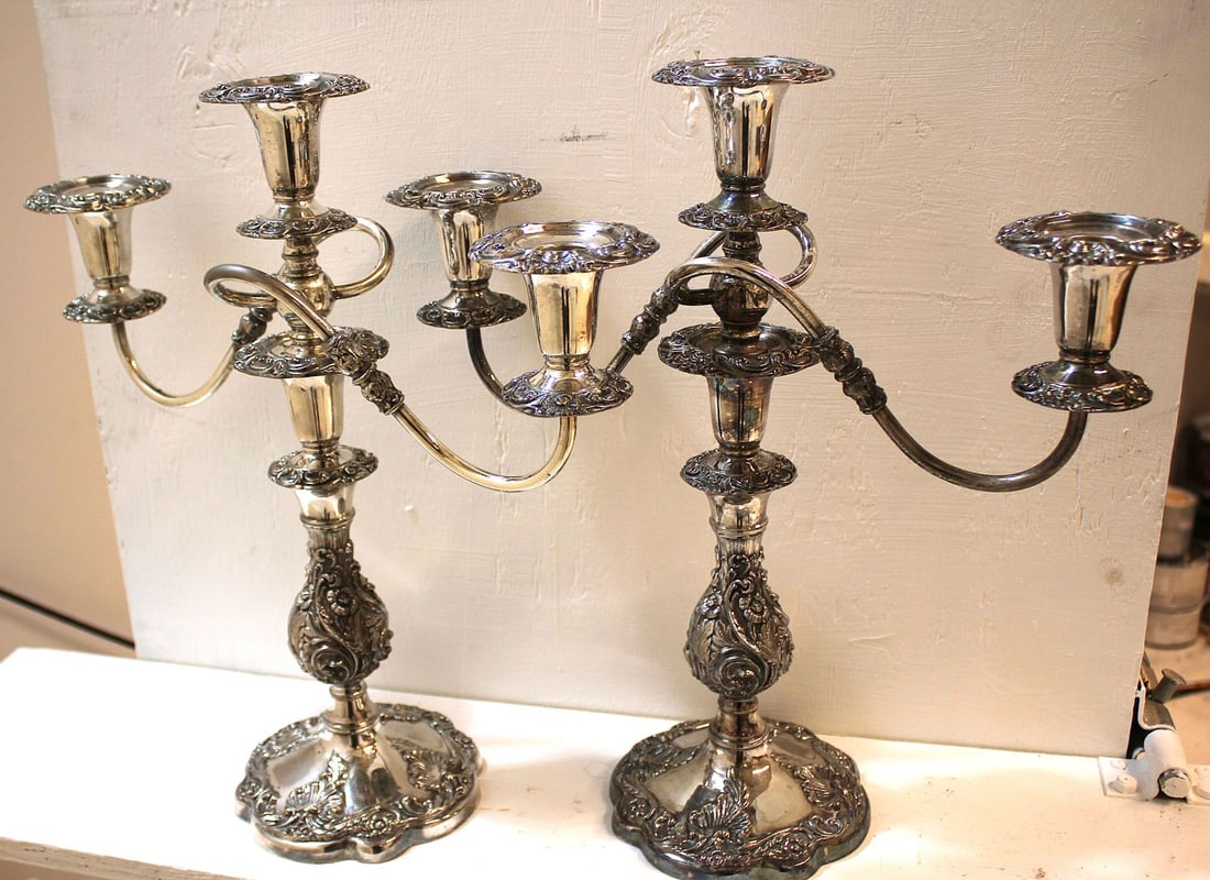 Pair Sliver Plate Candelabra / Sheridan Silver Co.: Pair vintage Sheridan Silver Co. silver plate candelabra. Both with 3-arm removable inserts to use bases as single candlesticks. Marks to base undersides. Good condition with aged mellow surface patin