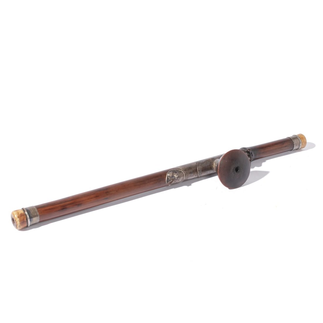 Antique Chinese Bamboo & Silver Opium Pipe: 19th century Chinese bamboo opium pipe with yixing clay bowl (impressed marks). Silver saddle decorated with frog figure on lily pap and chased bats (no apparent hallmarks). Silver mounted ends with o