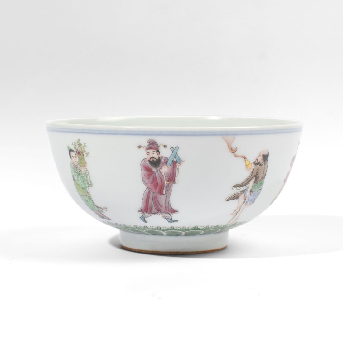 Chinese Porcelain 8 Immortals Bowl Xianfeng Mark: Chinese porcelain 8 immortals bowl with each figure in vibrant overglaze enamels. Exterior baser with green wave pattern. Underglaze blue line to the top and base with underglazes blue Xianfeng Mark. 