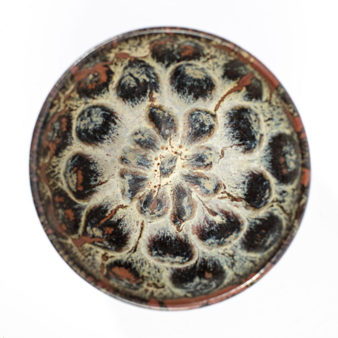 Chinese Temmoku Glaze Floral Variant Pottery Bowl: Chinese Temmoku Brown, tan and bluish green Glaze Variant Pottery Bowl . Design of dark brown indented petals to the interior. With cream, blue green flambe glaze surrounding. , Dark brown rim . Brown