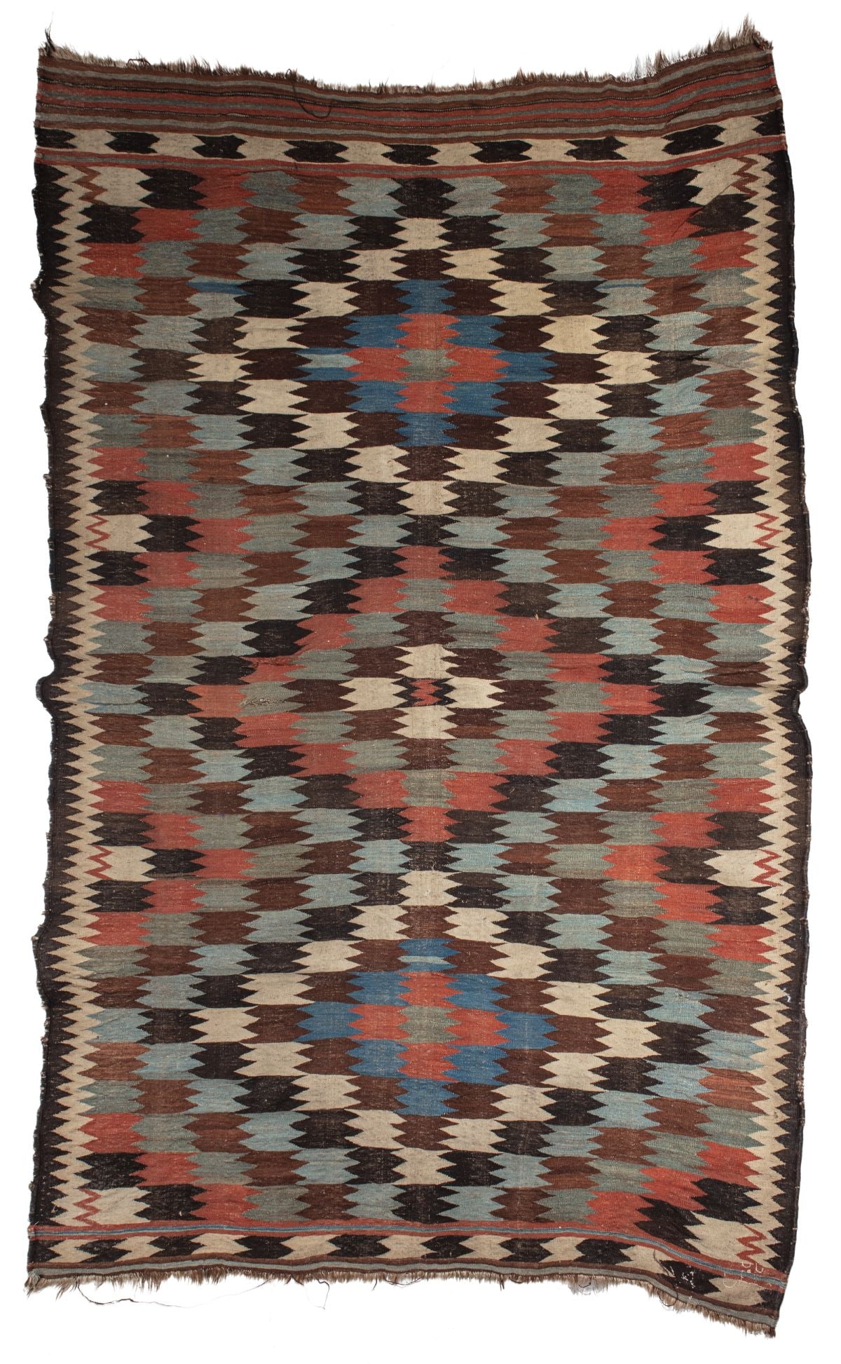 Vintage Flat Weave Rug: Wool on wool. Stitched possible lettering or date to one corner 5' x 7' 3" approx.