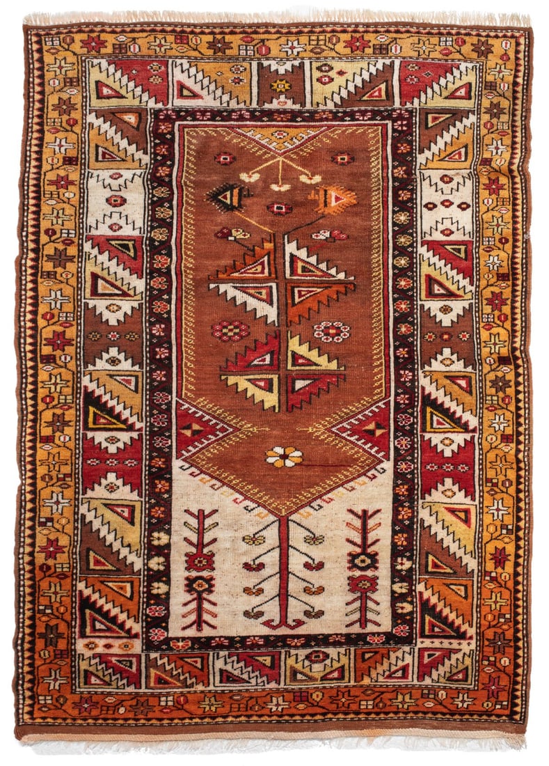 Tribal Prayer Rug: Wool on wool. Fringe retied one end. Small areas of light dye bleeding 4' 3" x 6' 4" approx.