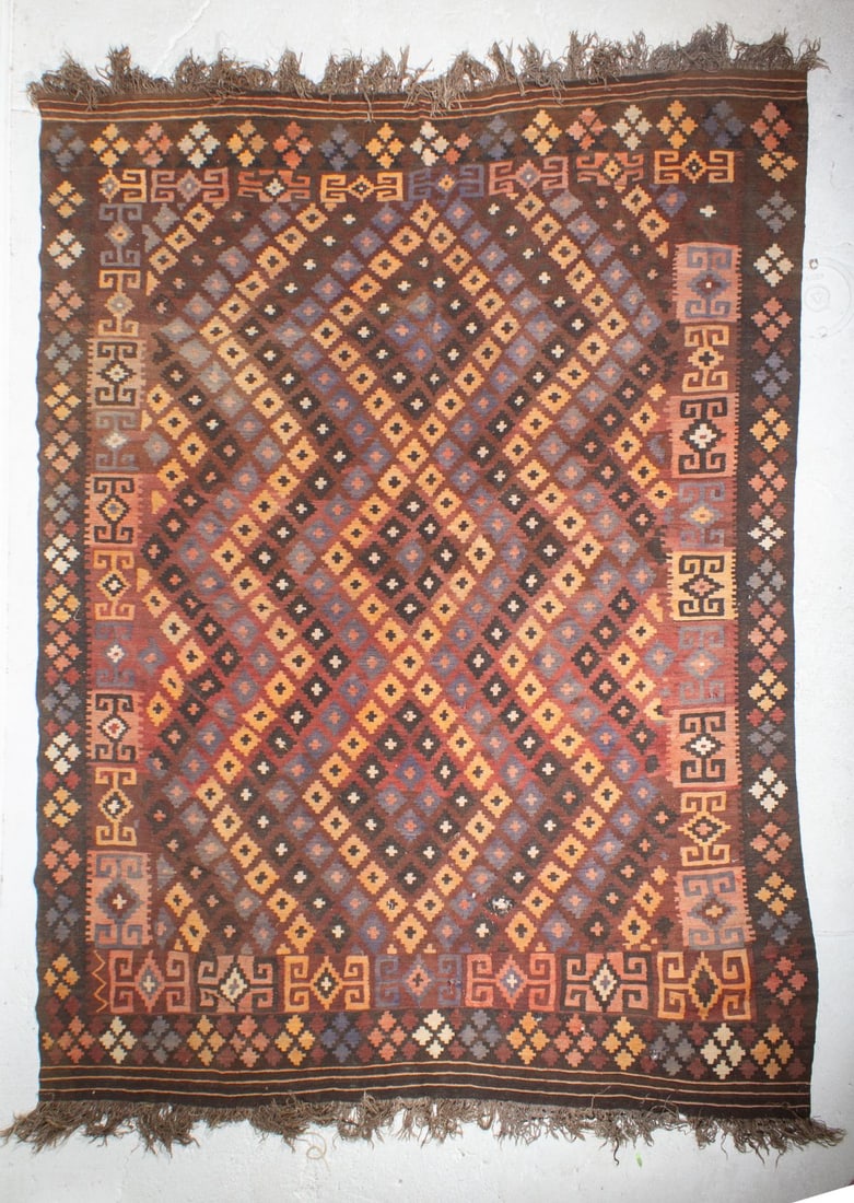 Vintage Flat Weave Kilim: Wool on wool. Area with some holes. 7' 6" x 9' 5" not including 4" fringe on each end.
