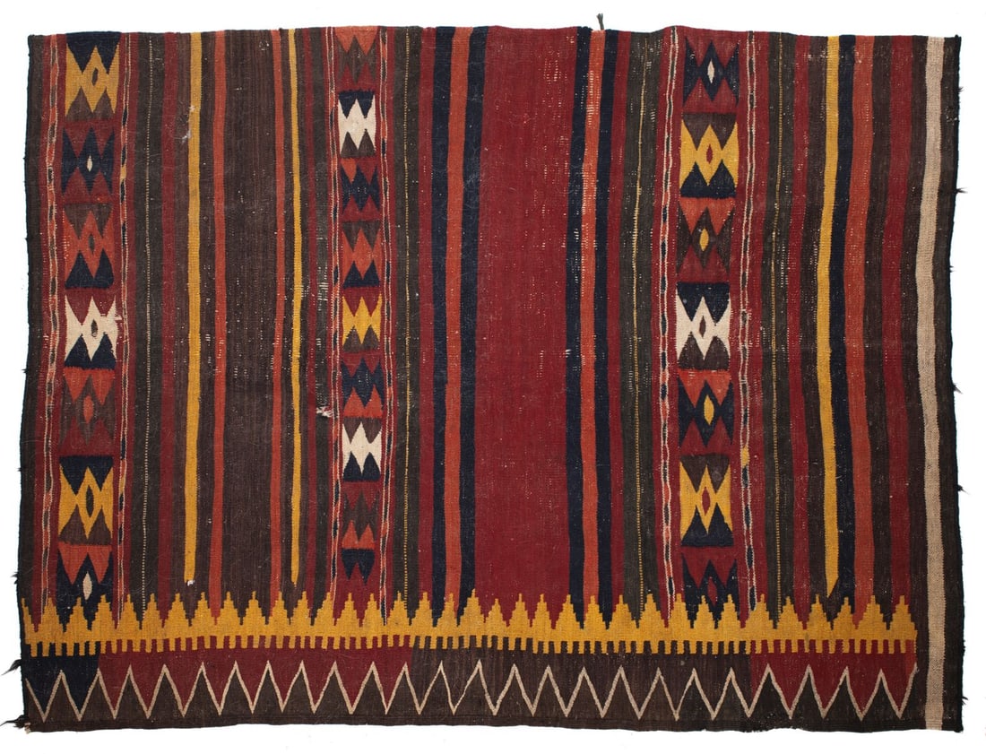 Vintage Tribal Flat Weave Rug: Wool on wool 4' 3" x 5' 4" approx.