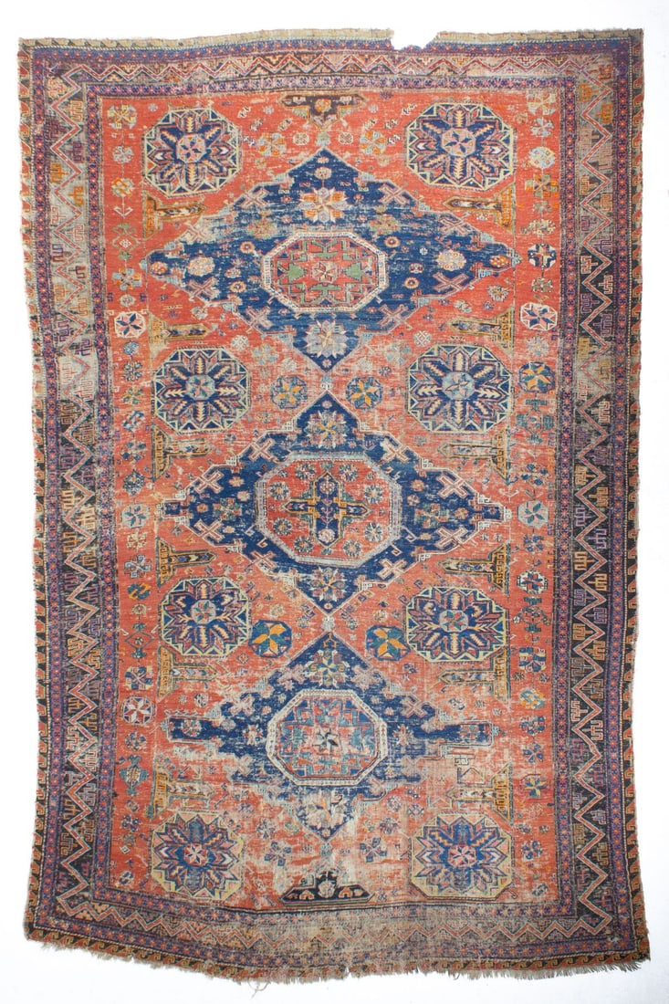 Antique Tribal Chain Stitch Rug: Antique tribal chain stitch rug. Extensive wear 7' 2" x 10' 1" approx.