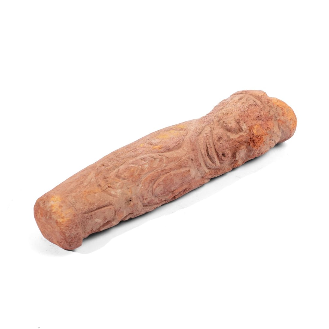 African Terracotta Koma Funeral figure Pillar 15": African Terracotta Koma (Western Africa) Funerary figural Pillar . Stylized facial and bod design with geometric decoration. Solid low fired red/brown clay. Extensive surface wear and some chipping. A