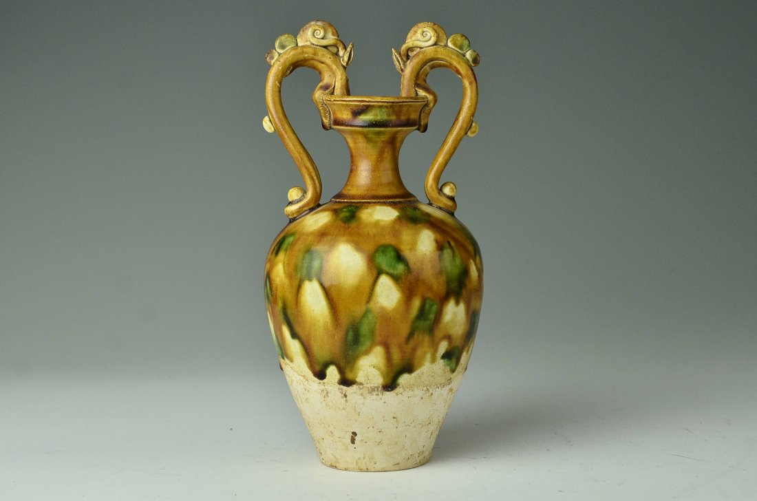 Tang Dynasty, A Sancai-Glazed Pottery Amphoria Vase: Please see the photos for item sizes.//////Provenance:Japanese Gentlman Collector/////Settlement is bank transfer, PAYPAL, VISA, AMEX(VISA, AMEX fee 2.5% addition).///////Shipment will be delivered sa