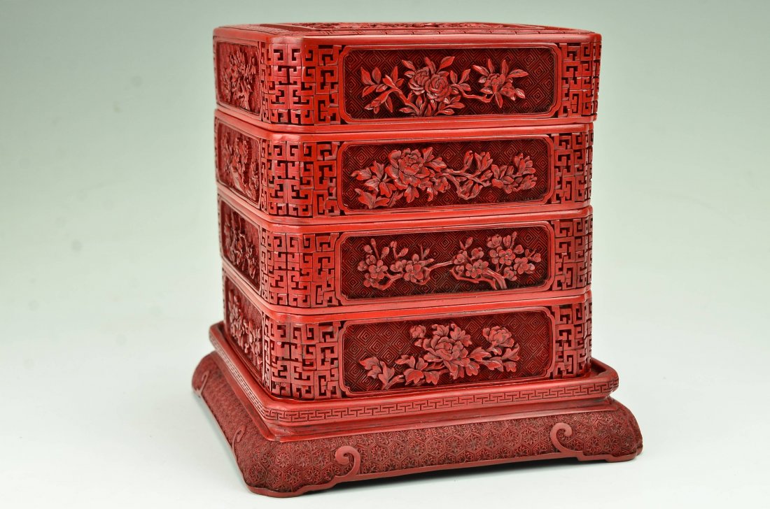 A Carved Lacquer Triple Box and Cover,Qing Dynasty: 大清乾隆年製(款 清代剔紅雕花卉三重盒__Please see the photos for item sizes.＿/Provenance :To