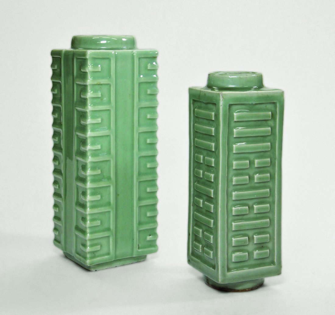 TWO LONGQUAN CONG VASE-SONG,MING: TWO LONGQUAN CONG VASE-SONG,MING 宋-明龍泉青瓷琮式瓶二件一組 ◆size:H32cm H27cm PROVENANCE：Japanease Collector