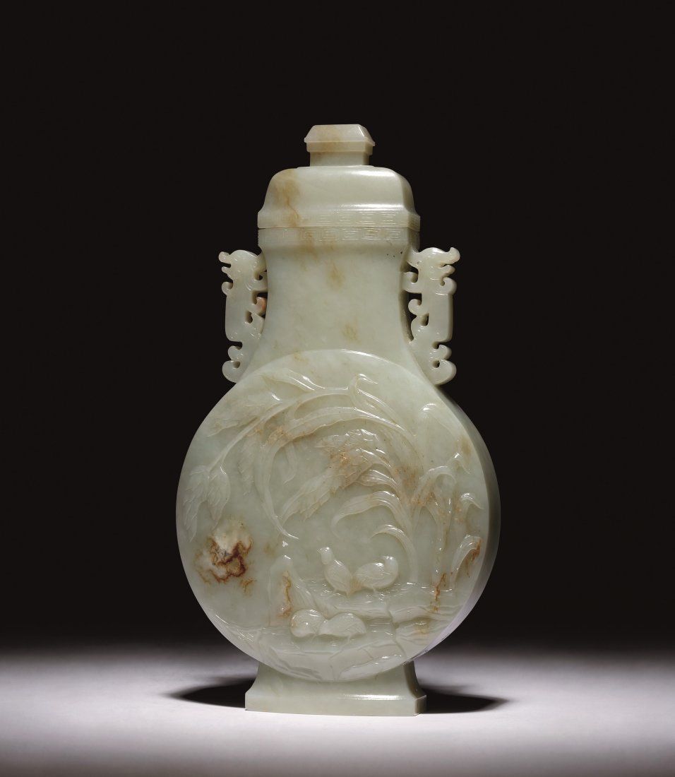 A CARVED PALE CELADON JADE VASE AND COVER: A CARVED PALE CELADON JADE VASE AND COVER 清青白玉歲歲平安扁瓶 ◆size:H24cm PROVENANCE：Japanease Collector AUCTION Catalog:https