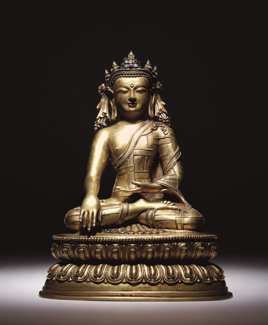 A GILT BRONZE FIGURE OF SAKYAMUNII-A.D 15C: A GILT BRONZE FIGURE OF SAKYAMUNII-A.D 15C 十五世紀銅鎏金釋迦牟尼座像 ◆size:W22cm H33cm PROVENANCE：Japanease