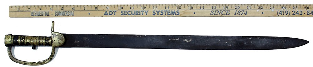 BRASS HILT BRUNSWICK PATTERN 1837 SWORD BAYONET: Flat bladed, brass hilted sword bayonet for the Brunswick rifle, successor in the British army to the Baker. Hilt with some staining and traces of a black paint. Blade is smooth metal, dark, with good