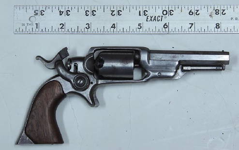 COLT ROOT REVOLVER: Colt 1855 side-hammer revolver, aka "Colt Root." A candidate for restoration, as the grips were sanded down to Thin Jim style back when the gun was in use. 3.5 inch octagonal barrel. The metal is