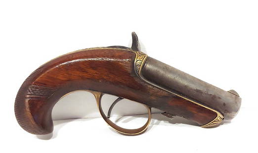 SCARCE 1866 SCROLL ENGRAVED WILLIAMSON DERRINGER: Scarce Williamson single shot Deringer with even scarcer gilt scroll engraving and blued barrel. Invented by David Williamson of New York, these were manufactured by Moore's Patent Firearms Company