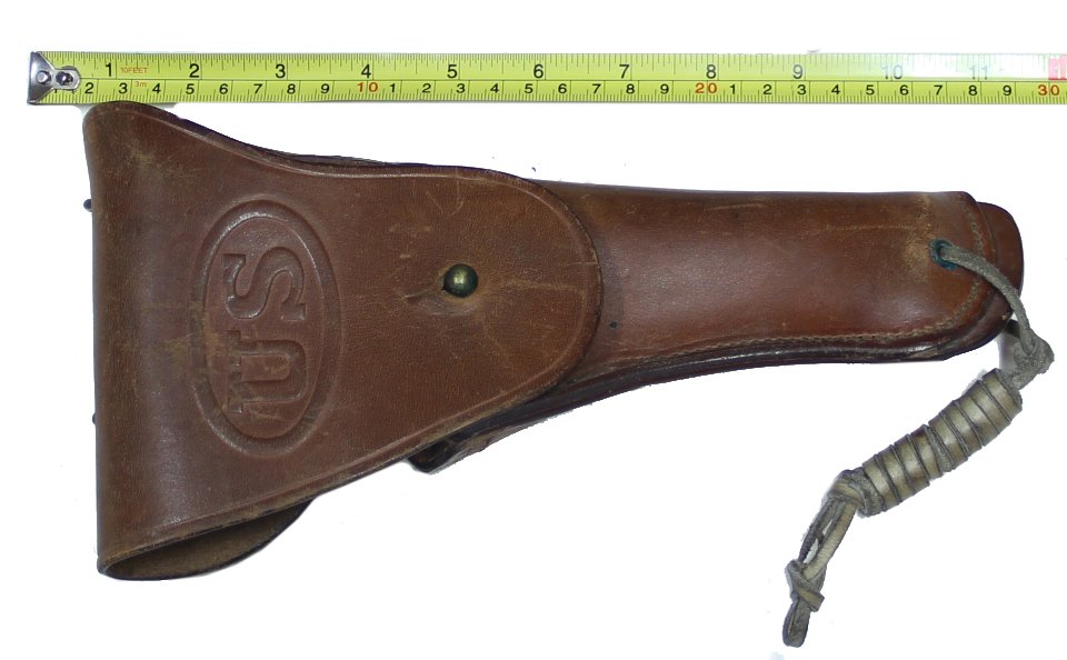 WW I US .45 CAL. AUTOMATIC HOLSTER DATED 1917 BY HOYT: Very good condition model 1916 holster for the Colt .45 automatic pistol marked and dated 1917 by Hoyt with a "J.J.M." inspector stamp on the reverse. Crisp oval/US embossed mark on flap. Good light b