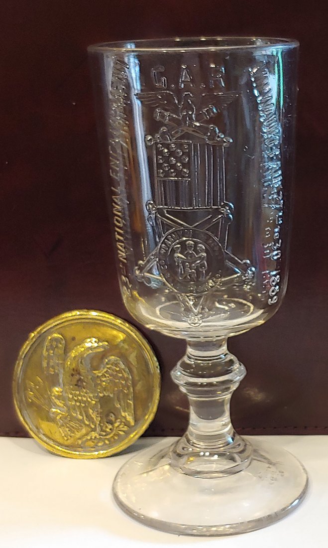 G.A.R. GLASS CHALICE 23RD NATIONAL ENCAMPMENT 1889: A very nice pressed glass souvenir chalice or goblet from the 23rd National Encampment of the Grand Army of the Republic, held in Milwaukee from August 27 to 30, 1889. Excellent condition. 7 inches ta