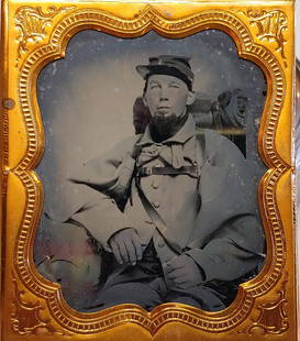 Civil War Ambrotype Greatcoat and Knapsack 1st Conn.?: Sixth plate ambrotype in full case. Soldier has wonderful "tough-guy" sprout of chin whiskers, it is a great goatee style beard. His greatcoat (overcoat) reminds me of a Connecticut image or images