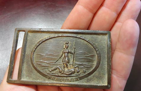 Virginia Sword Belt Plate Buckle found at Winchester: This Civil War Confederate used buckle was found last year by a female college student attending the university in Winchester, Virginia while she was walking with friends. She gave it to her history b