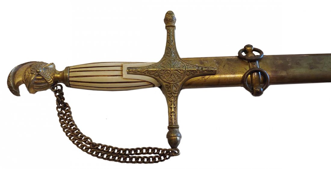 Horstmann Signed Mexican War US Officer Sword: A very handsome helmet pommel militia officer's sword with richly etched blade. Roughly 35 inche overall length. Grip is excellent condition carved fluted bone. Gilt brass scabbard is excellent with n