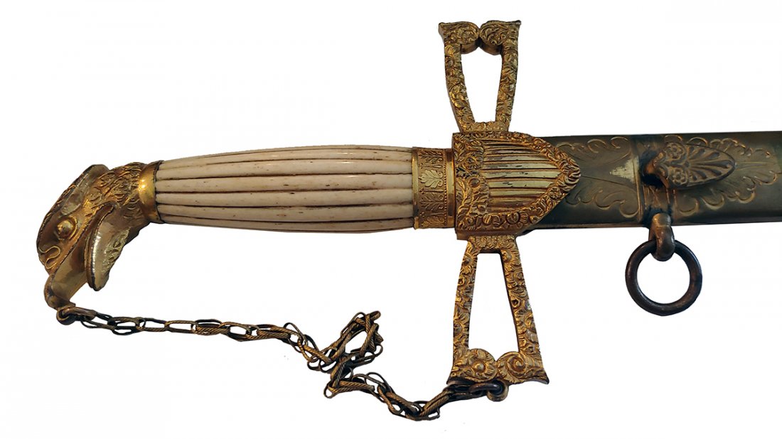 Ames Eagle Head Mexican War Officer: A U.S. eagle pommel officer's sword by N.P. Ames dating 1834-ca.1840. The open-mouth, crested eagle's head is linked to the lower open-work quillon by a chain-link knuckleguard, whose links even show 