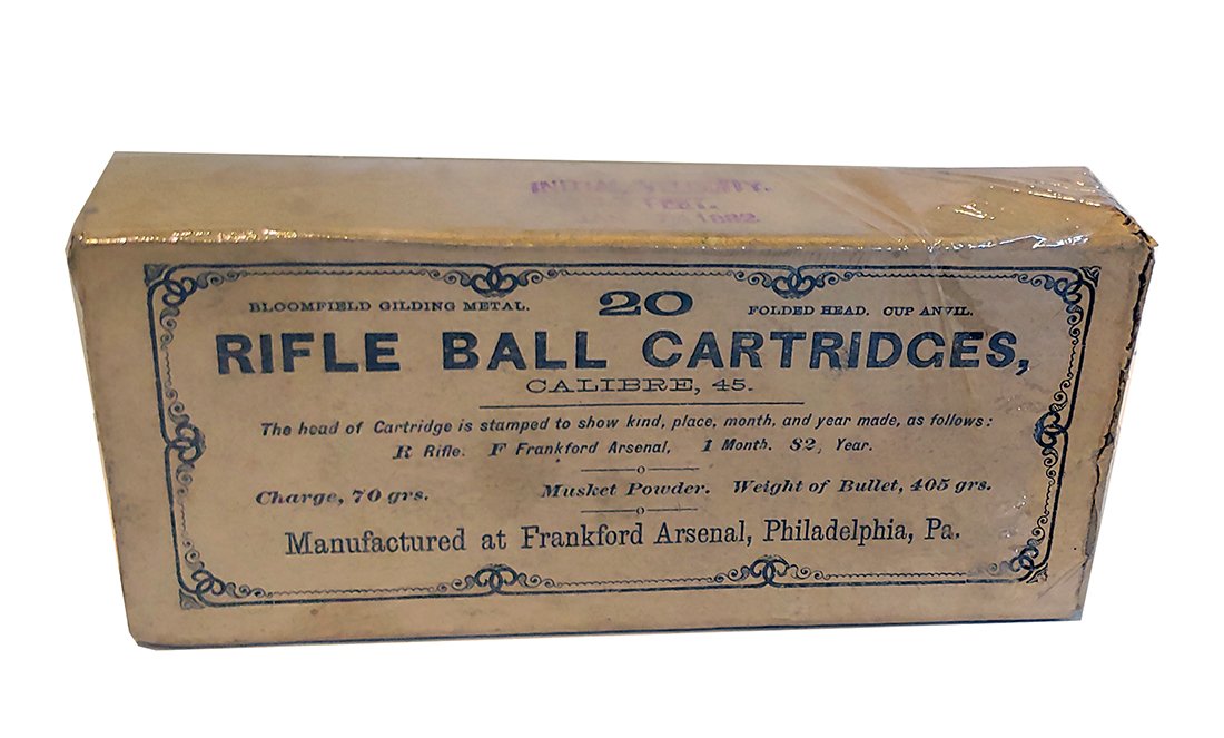 Indian War Trapdoor Springfield 45/70 Ammo Package: Near mint empty box, package for 45/70 rifle and carbine ammunition made in January 1882. Due to the small and light weight nature of this item the high bidder can elect to have it mailed by the US Po