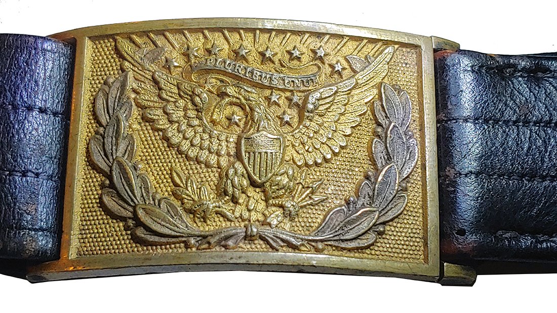 Officers Pistol Belt & Eagle Buckle: This is a very high-grade U.S. officer's 1851 pattern sword belt plate on an Indian War period pistol belt. The belt is a heavy folded-leather construction belt with a fixed keeper on one end and sepa
