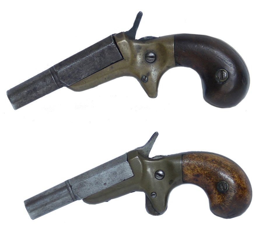 Pair of Civil War era Ethan Allen Vest Pocket Pistols: About as -CUTE- a pair of pistols as you could hope to find. Each is tiny, having 2 inch barrels and measuring less than 4 inches overall length. Top of barrels marked -E ALLEN & CO. MAKERS-These baby
