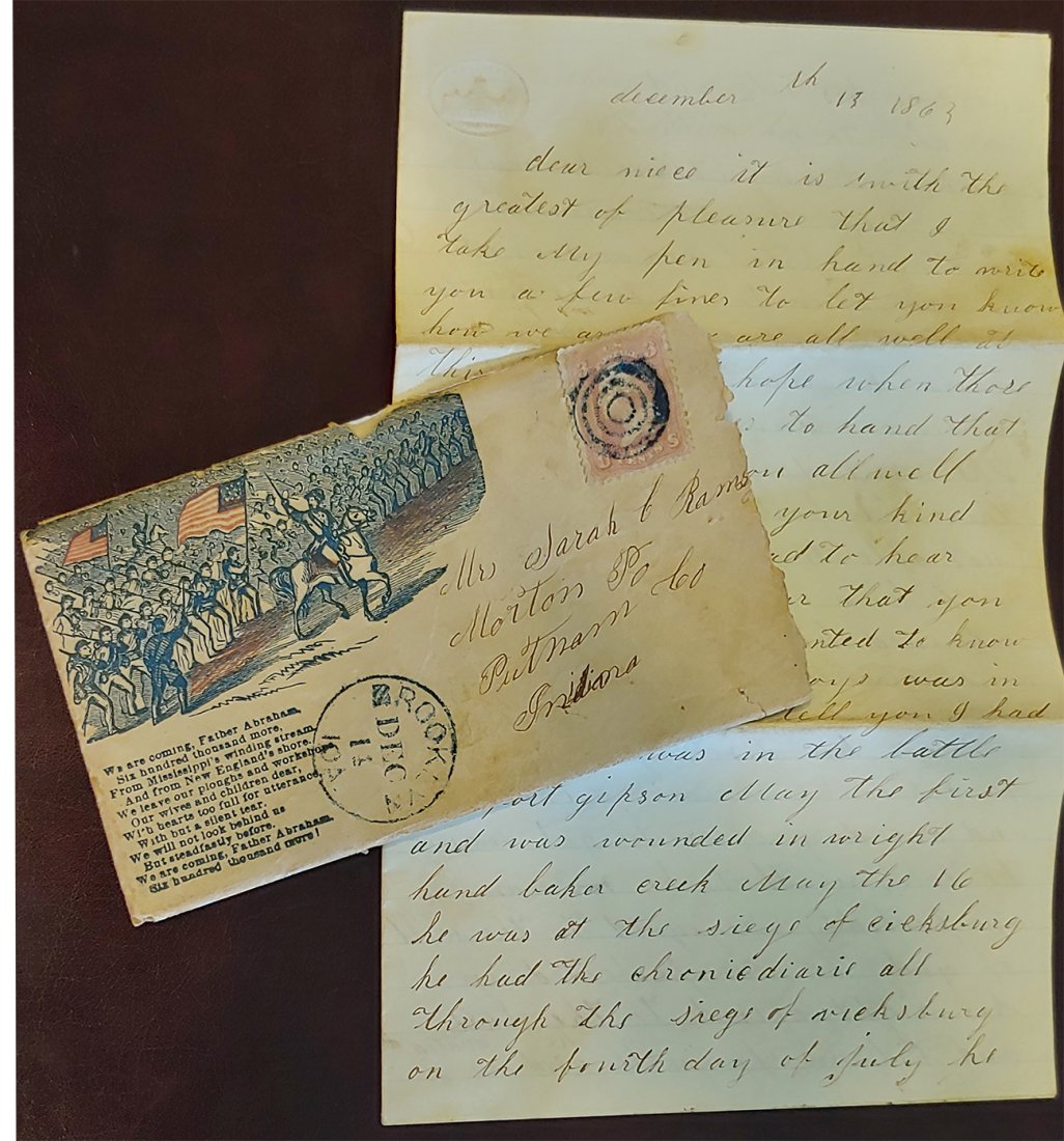 Iowa Civil War Casualty Letter & Patriotic Envelope: Very telling and very sad. An incredibly strong Iowa woman writing her niece and telling of her son being at the battle of Port Gibson and then being wounded in the right hand in Battle of Baker Creek